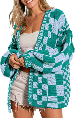 SELINK Women's Chunky Cardigan Sweater Colorful Checkered