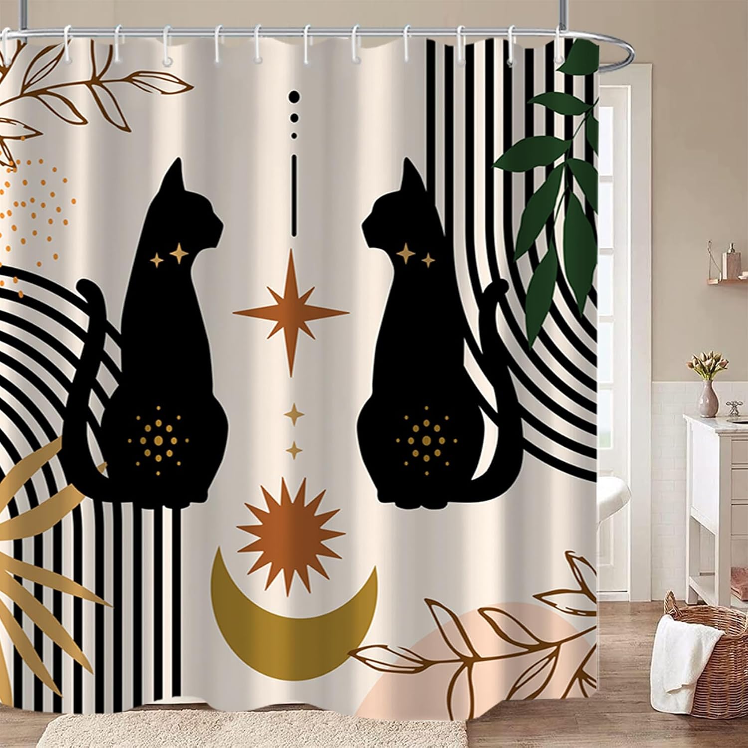 AWERT Boho Mid Century Shower Curtain Cute Cat Shower Curtain for Bathroom with Hooks Minimalist Abstract Fabric 72x72inch