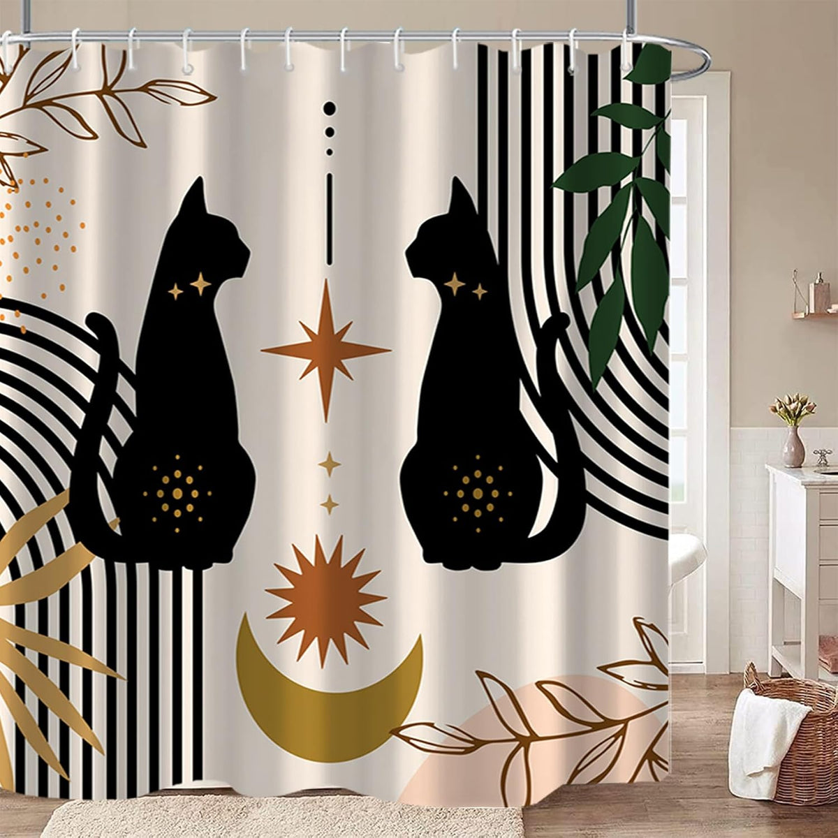 AWERT Boho Mid Century Shower Curtain Cute Cat Shower Curtain for Bathroom with Hooks Minimalist Abstract Fabric 72x72inch
