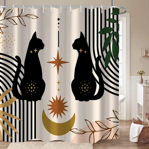 AWERT Boho Mid Century Shower Curtain Cute Cat Shower Curtain for Bathroom with Hooks Minimalist Abstract Fabric 72x72inch