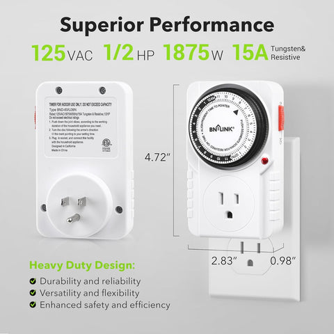 BN-LINK 24-Hour Heavy Duty Mechanical Timer Outlet,Indicator Light, 3-Prong