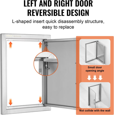 VEVOR Outdoor BBQ Kitchen Door - 14W x 20H Inch Stainless Steel Flush Mount Vertical Wall Door with Handle for Island, Grilling Station