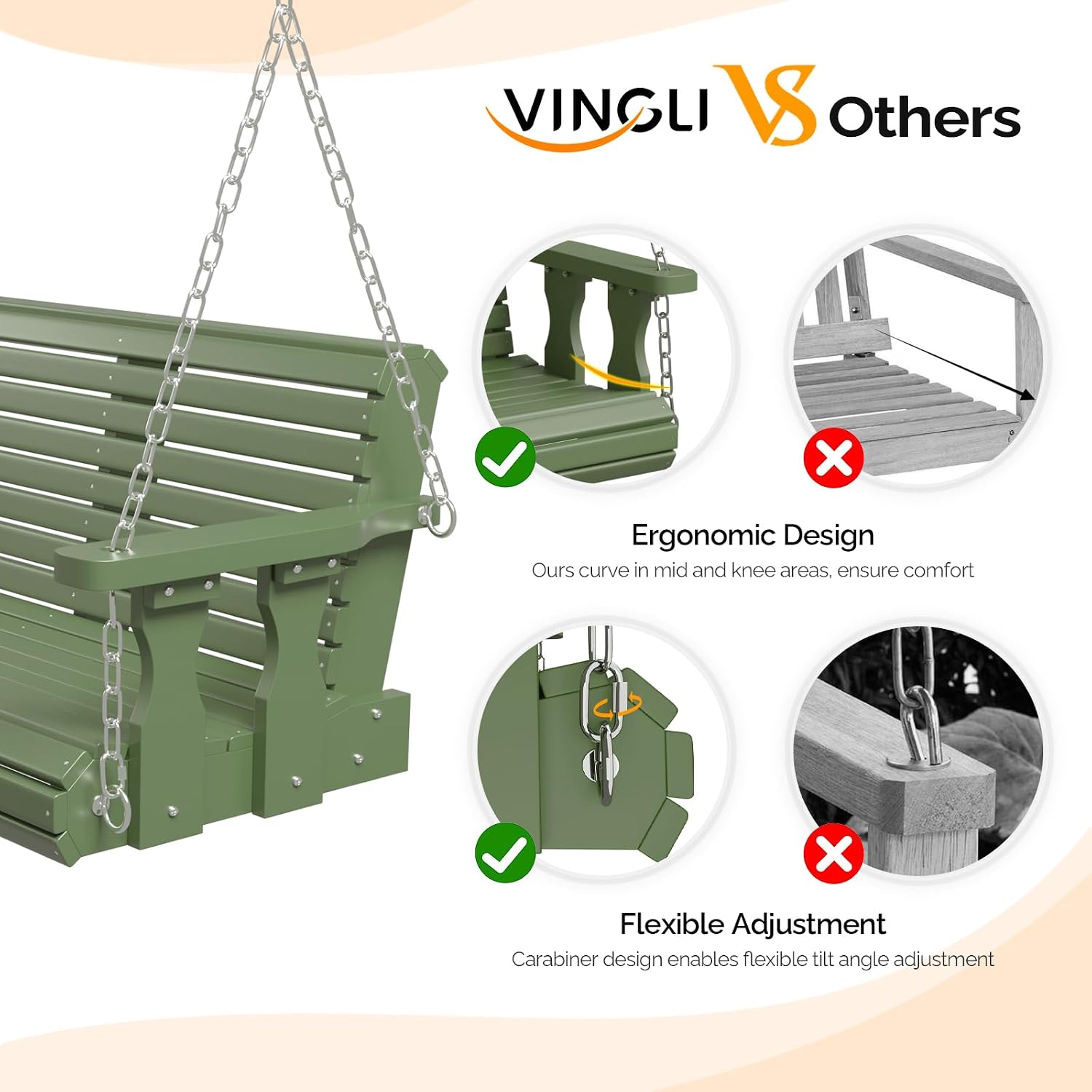 VINGLI 2026 Upgraded 4 FT Wooden Porch Swing, 880 LBS Heavy Duty, Green