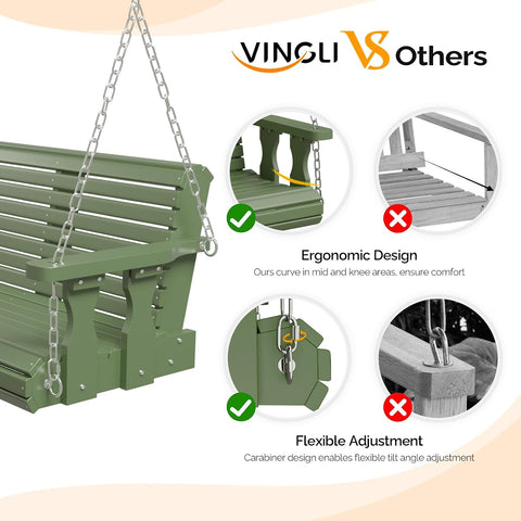 VINGLI 2026 Upgraded 4 FT Wooden Porch Swing, 880 LBS Heavy Duty, Green