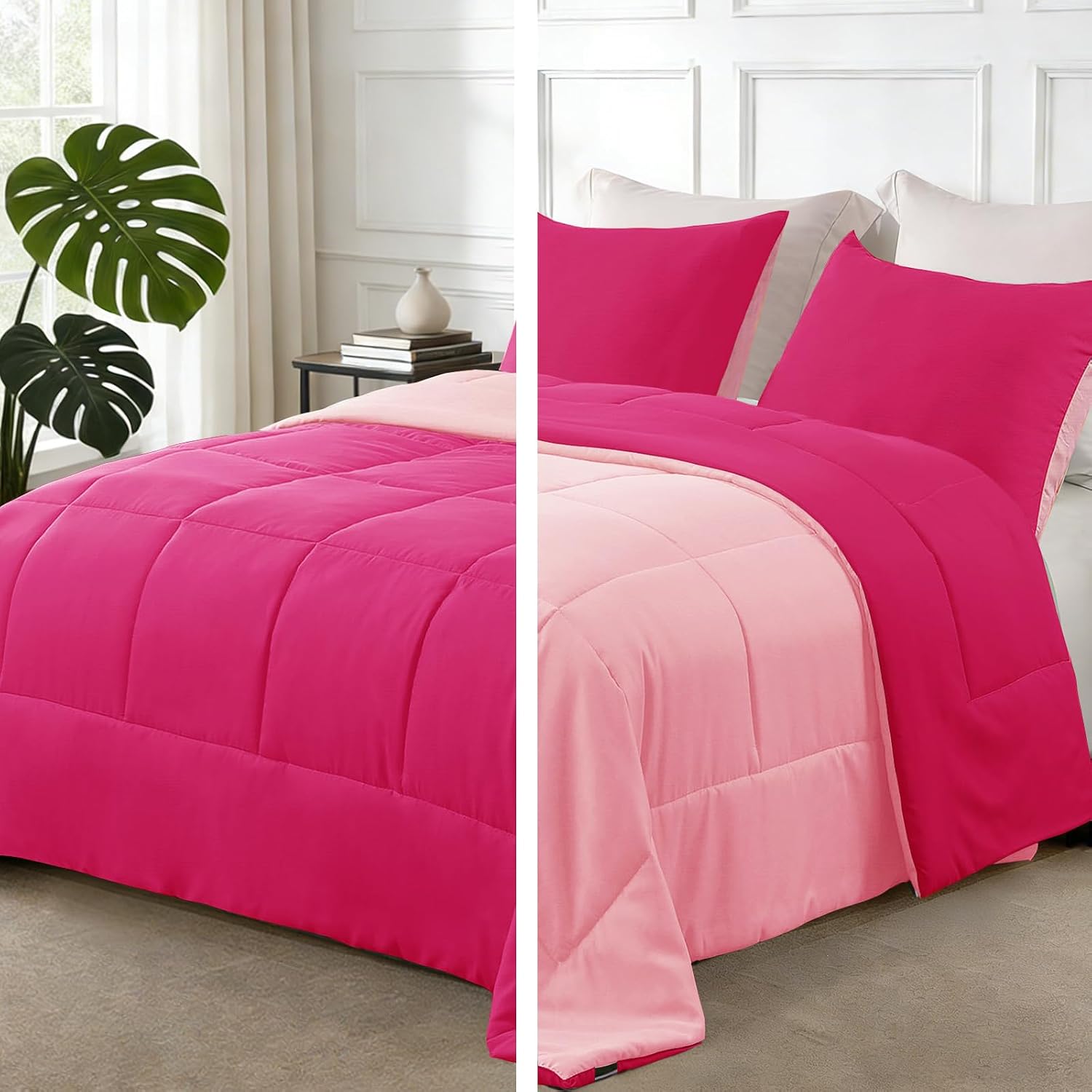 Exclusivo Mezcla Lightweight Reversible Queen Size Comforter Set, Down Alternative Comforter with 2 Pillow Sham, Queen Size Bedding Set for All Seasons, Hot Pink/Bright Pink