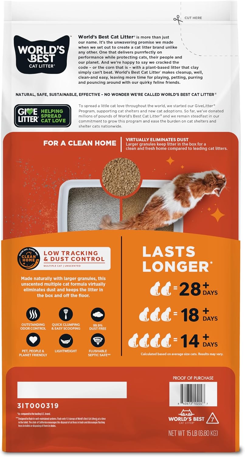 World's Best Cat Litter Low Tracking & Dust Control, Unscented, 15 lb Bag