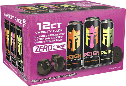 REIGN Total Body Fuel Variety Pack, Orange Dreamsicle, Reignbow Sherbet, White Gummy Bear, Fitness & Performance Drink, 16 Fl Oz (Pack of 12)