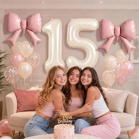40 Inch Cream Number 1 with Pink Bow Balloon for Birthday Party Decorations