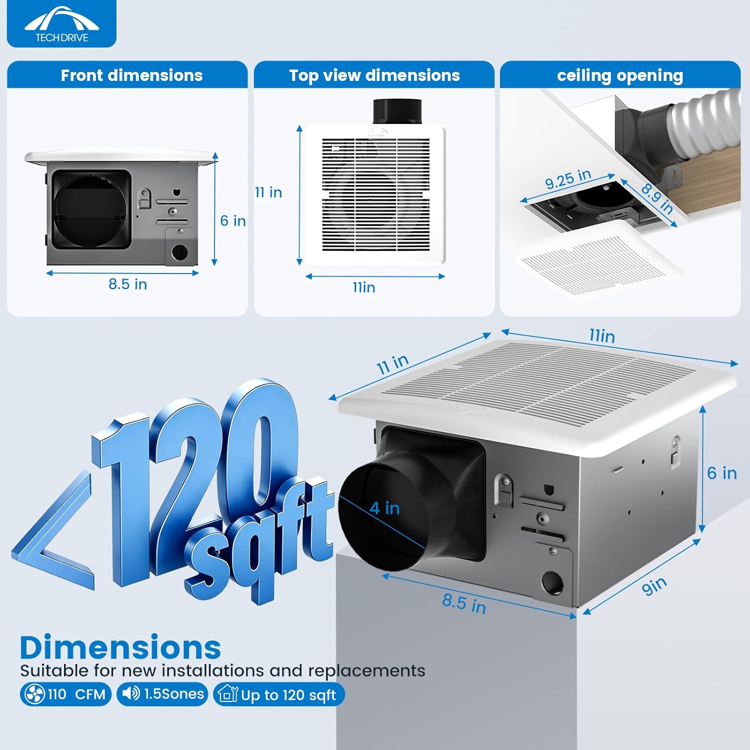 Tech Drive Bathroom Fan with Humidity Sensor,110 CFM,4 Inch Duct