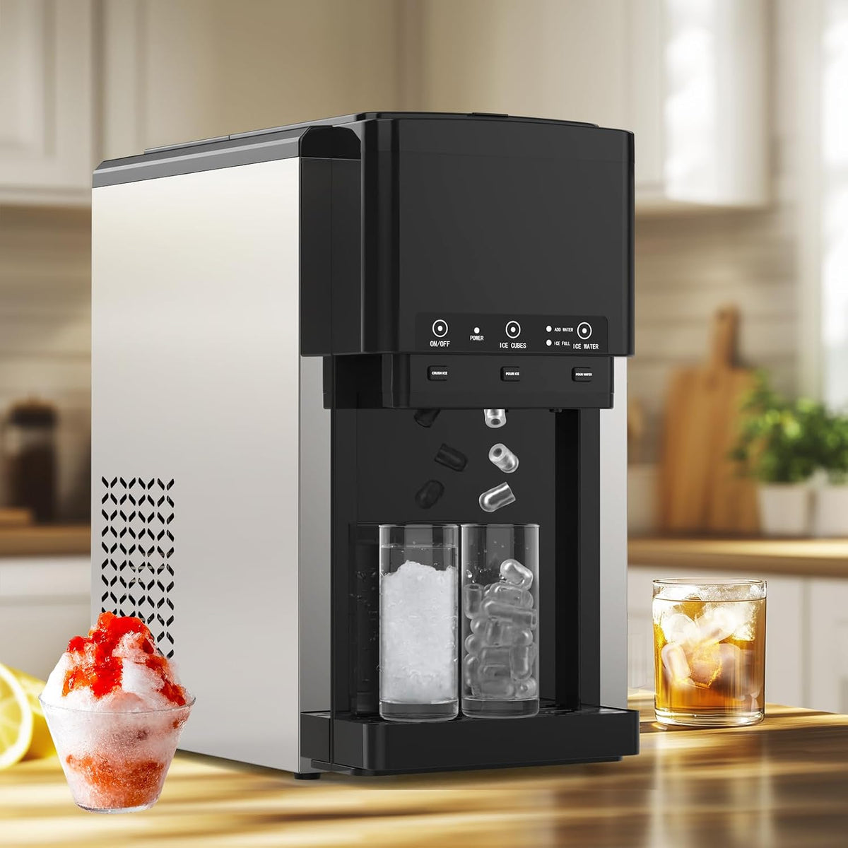 ADVWIN 3 in 1 Water Dispenser with Ice Maker, Nugget Ice Maker Countertop, Bullet Ice, Crushed Ice, Water Cooler, 44Lbs/24H, 12 Ice Cube/6Min, Self-Cleaning, 4Lbs Ice Storage, Home, Kitchen, Party, RV