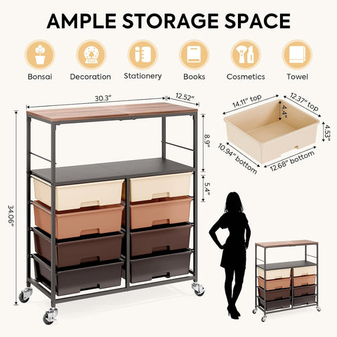APEXCHASER Rolling Storage Cart with 8 Large Drawers, Wooden Tabletop