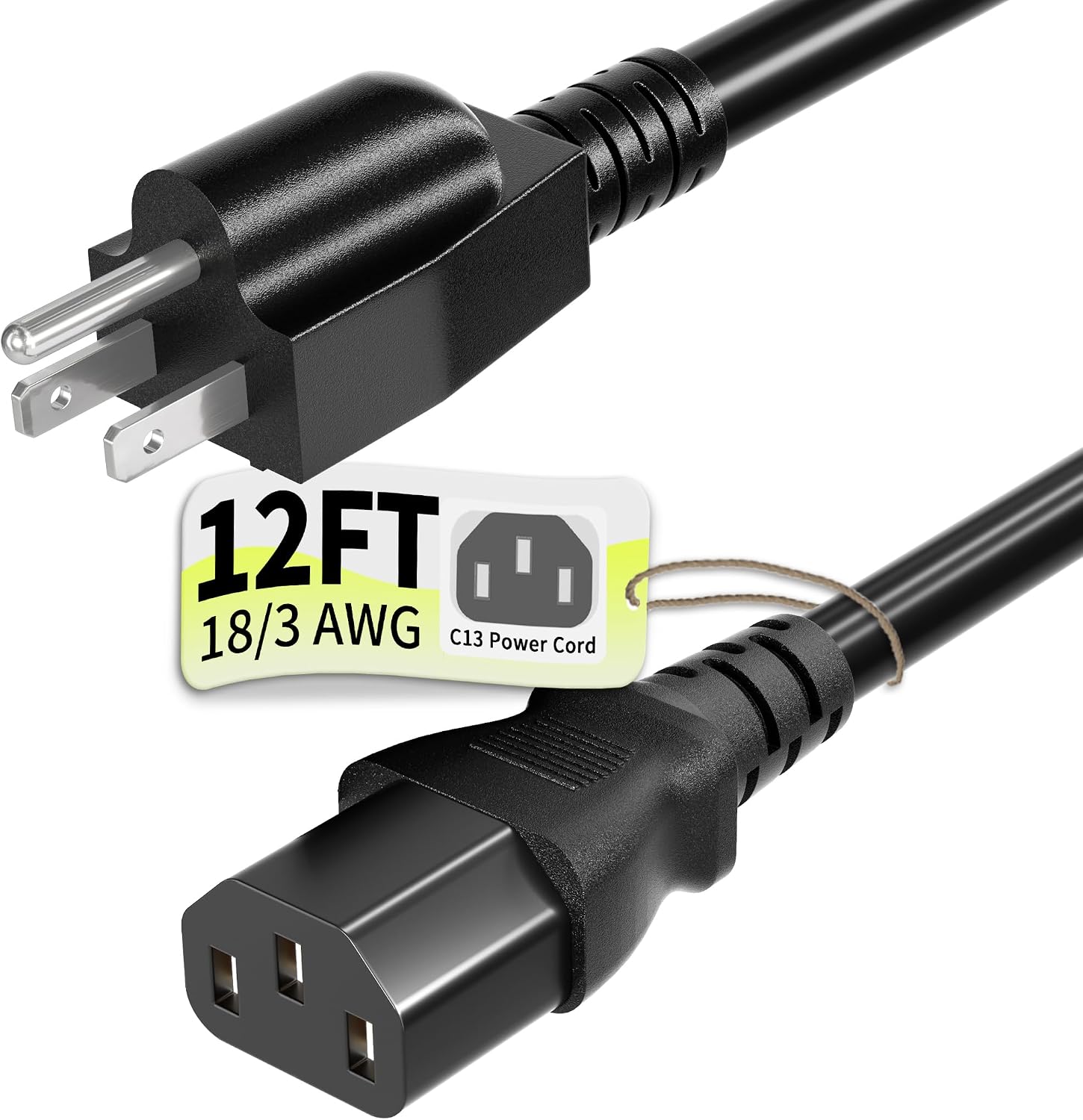 Vockjour Universal 12ft(3.5m) Power Cord, 3-Prong Pure Copper ETL, Black