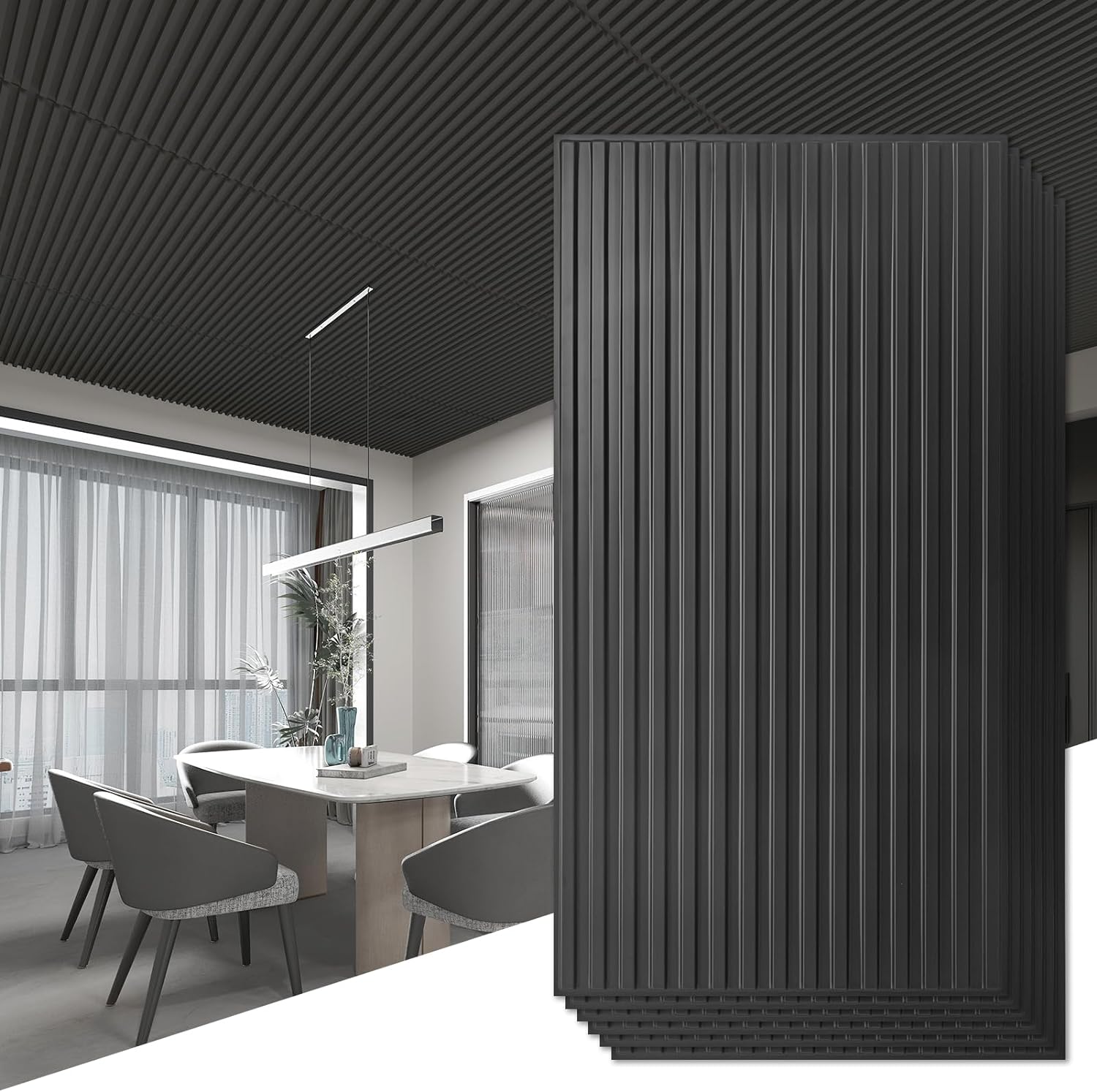 Art3d Fluted Slat 3D Wall Panels, Drop Ceiling Tiles, 6-Pack, Black