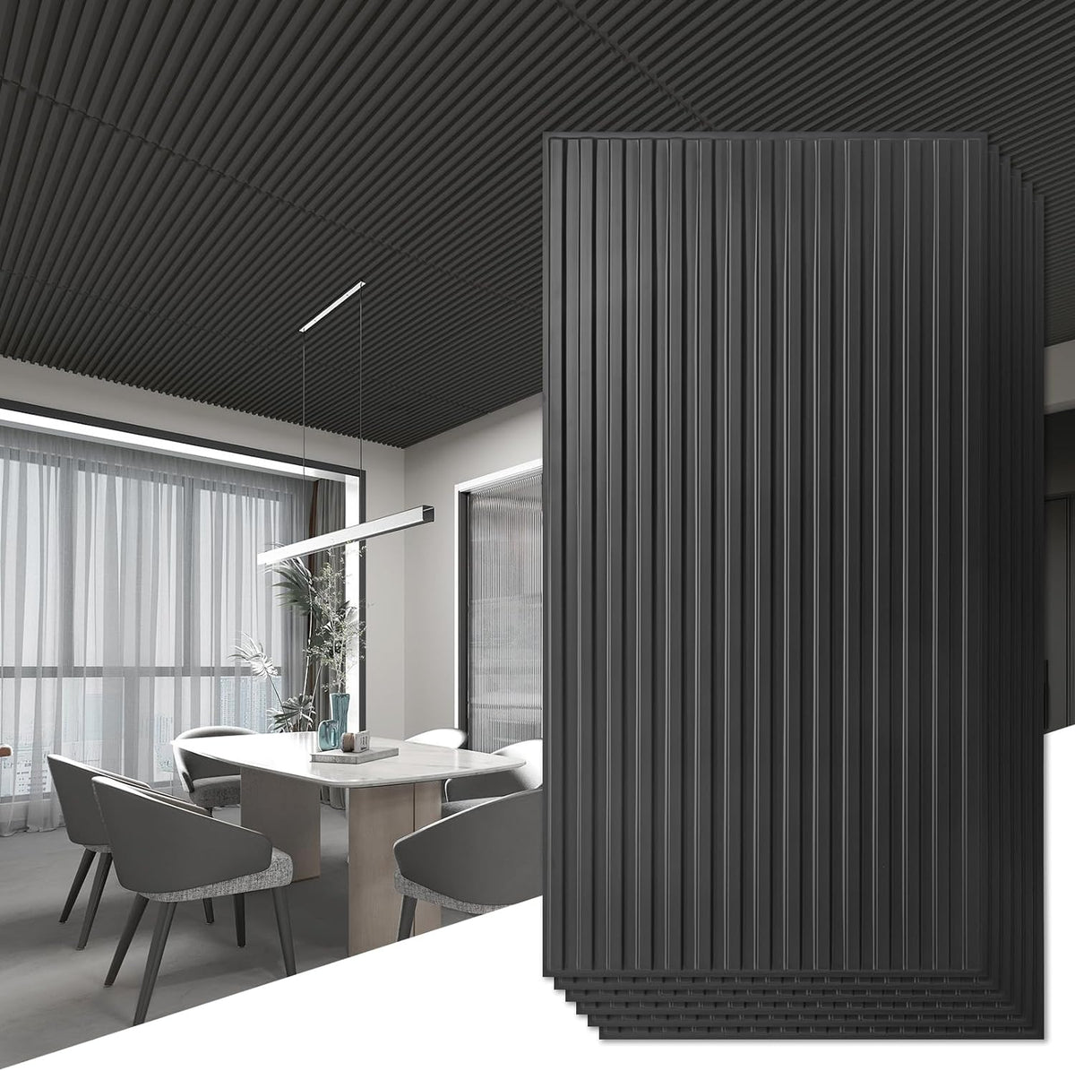 Art3d Fluted Slat 3D Wall Panels, Drop Ceiling Tiles, 6-Pack, Black