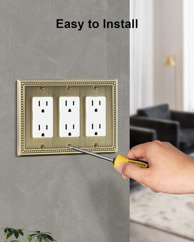 2-Pack Triple Decorator Outlet Cover Plate, Antique Brass