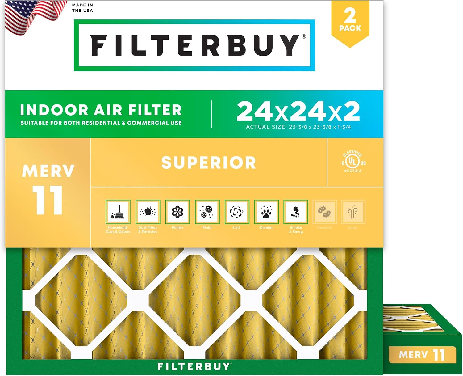 Filterbuy 24x24x2 Air Filter MERV 11 Pet & Allergy Defense (2-Pack)