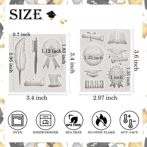 Sakolla 2 Pack 2026 Graduation Candy Chocolate Molds, Doctoral Cap Diploma Scroll Badge Pen Shape Fondant Silicone Molds for Party Cake Decoration（Mini/Grey）