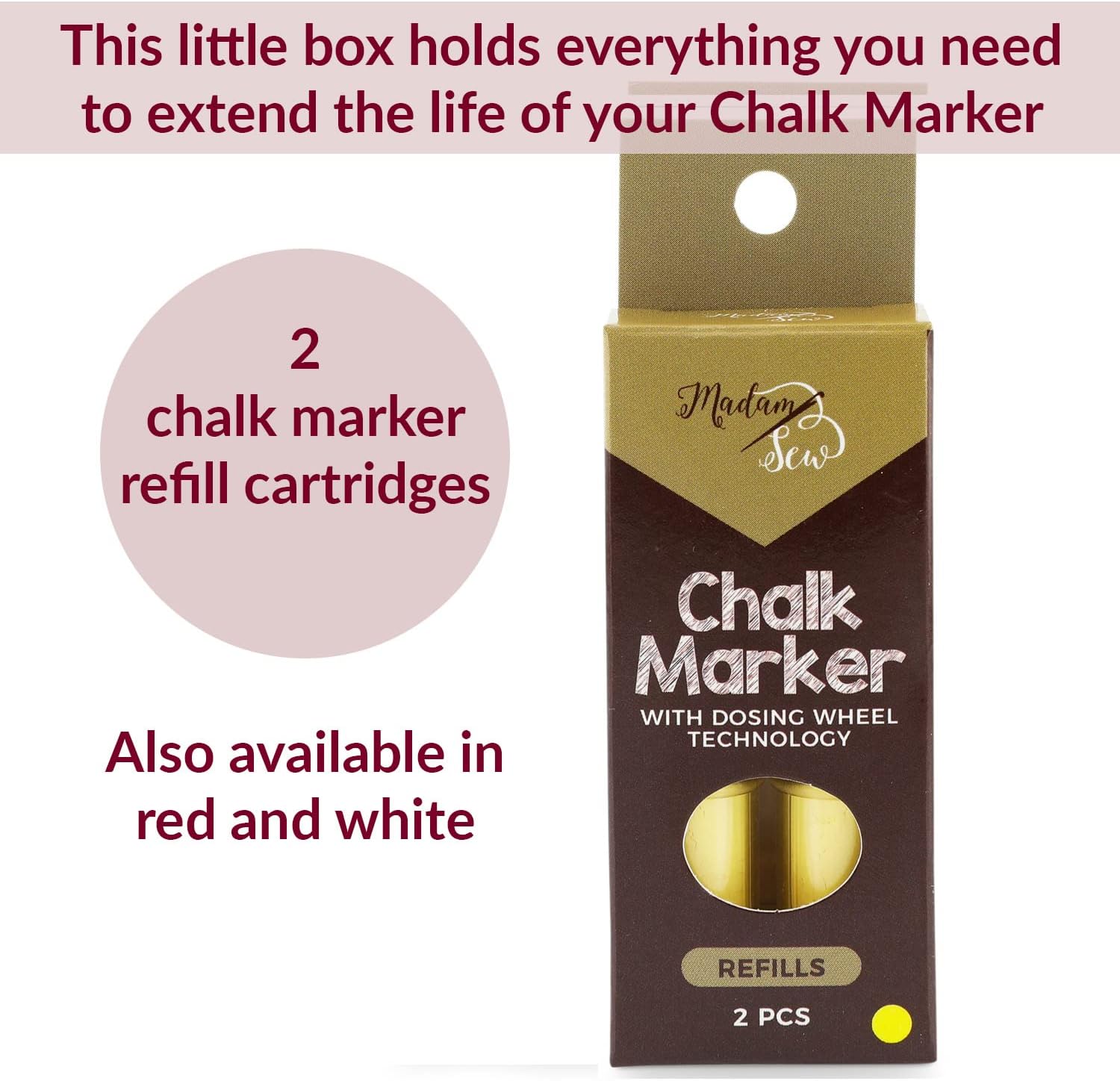 Madam Sew Refillable Tailors Chalk for Fabric - Washable Fabric Markers for Sewing and Quilting with Dosing Wheel, Tailor Chalk Pen for Precise Marking on Cotton, Knit, Suede (Yellow)