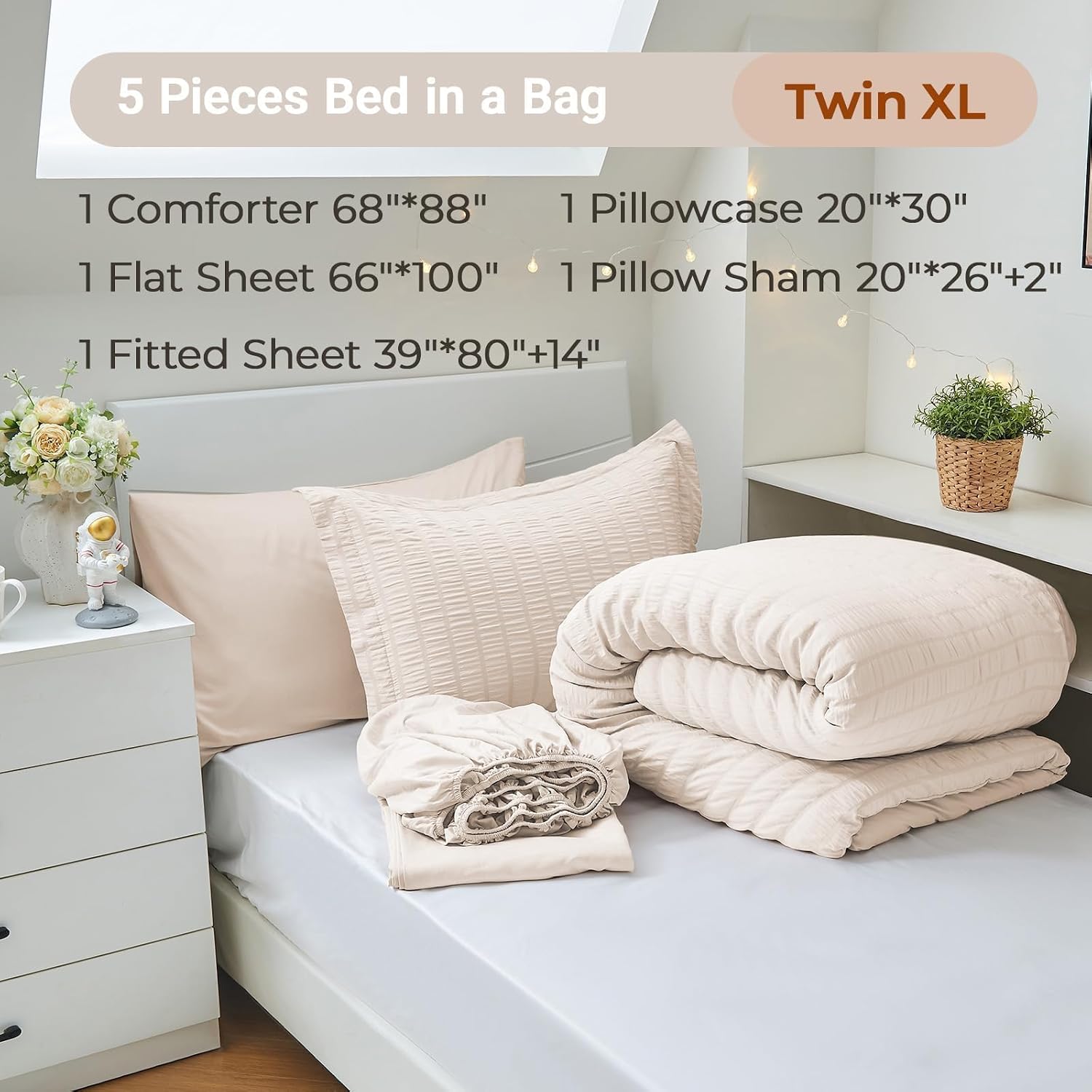 MUXHOMO Twin XL Comforter Set 5 Pieces, Seersucker Bed in a Bag, Beige