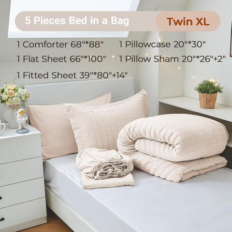 MUXHOMO Twin XL Comforter Set 5 Pieces, Seersucker Bed in a Bag, Beige