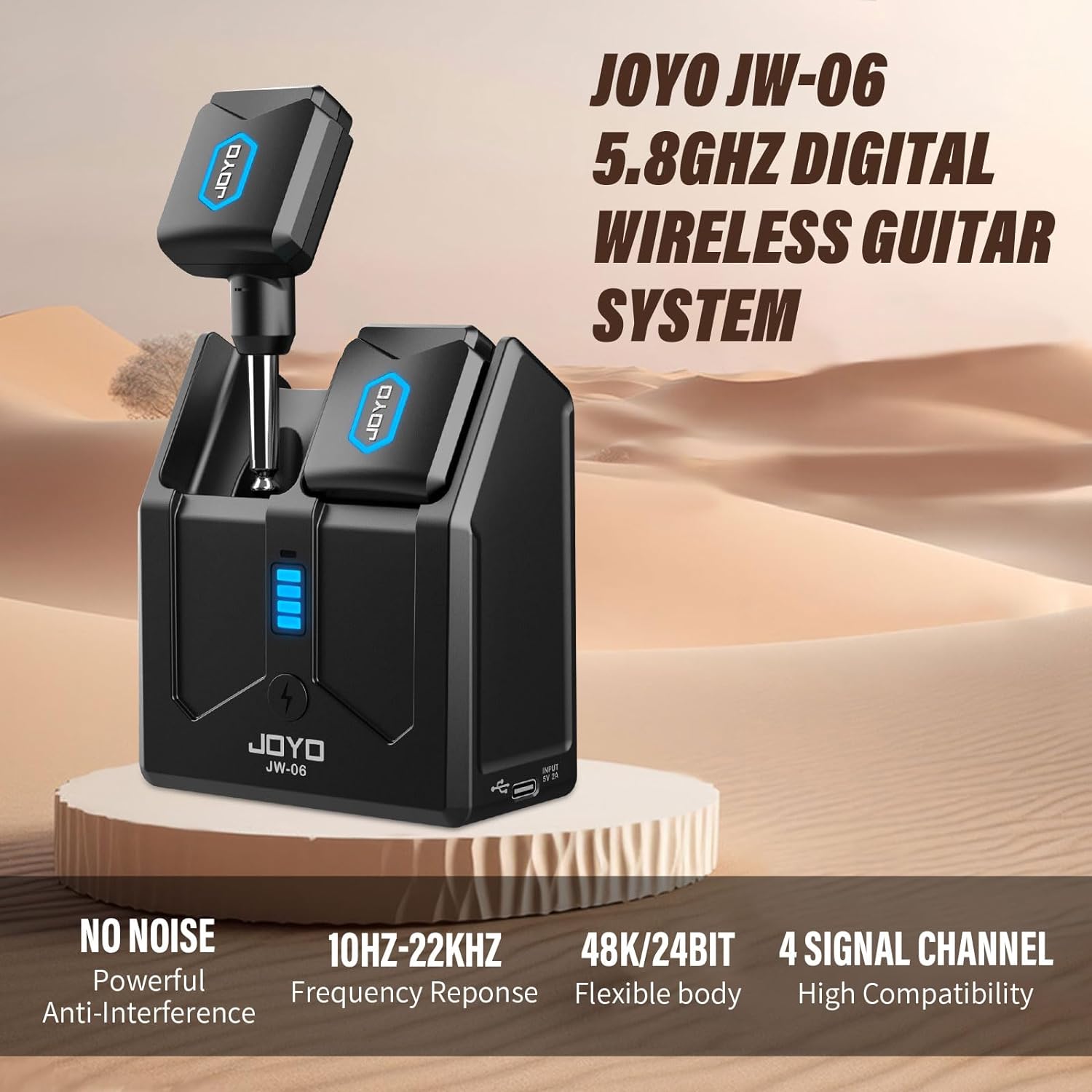 JOYO 5.8GHz Wireless Guitar System Transmitter and Receiver with Charging Case, 18H Battery life, 48kHz/24Bit, Low Latency, 4 Channels, Plug & Play for Electric Guitar & Bass (JW-06)