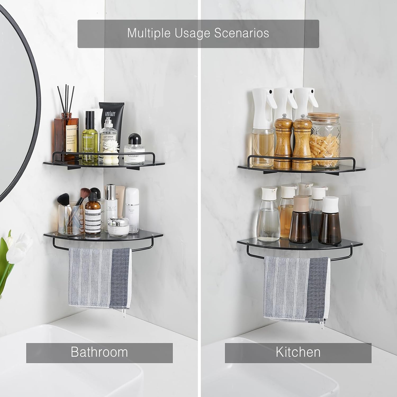 Voldra Glass Corner Shower Caddy, 2 Pack Adhesive Corner Shower Shelves for Inside Shower No Drilling, Tempered Glass Bathroom Corner Shelf with Guardrail Bathroom Shower Organizer Storage Rack(Black)