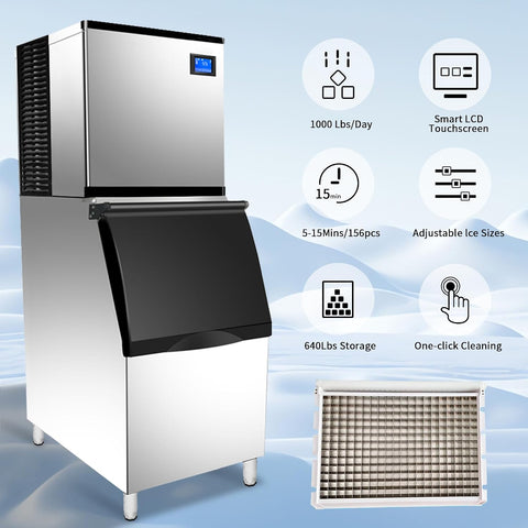 Commercial Ice Machine 1000 Lbs/24H, Industrial Ice Maker Machine with 640 Lbs Ice Storage, Vertical Ice Maker Machine, Air Cooled Stainless Steel Ice Cube Maker for Commercial and Home Use