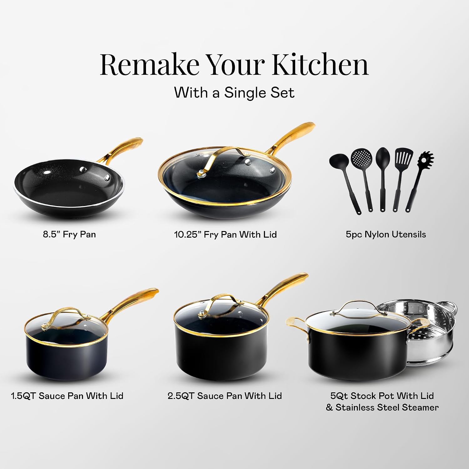 Gotham Steel 15 Pc Ceramic Cookware Set Nonstick, Ceramic Pots and Pans Set Non Stick with Steamer & Cooking Utensils, Non Toxic PFOA PFOS Free, Premium Stay Cool Handles, Oven & Dishwasher Safe