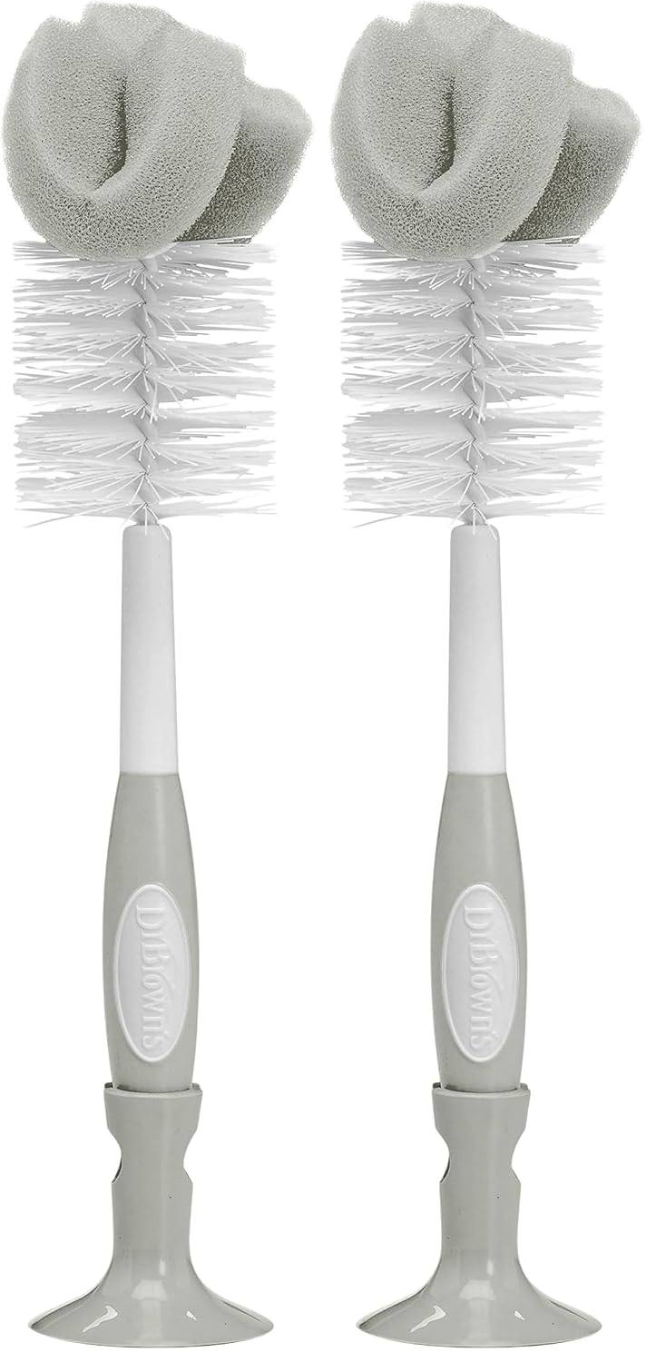 Dr. Brown's Reusable Sponge Baby Bottle Cleaning Brush with Suction Cup Stand, Scrubber and Nipple Cleaner, BPA-Free, Gray, 2-Pack