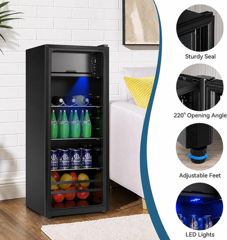 DRIXNO Beverage Refrigerator 4.5Cu.ft Mini Small Fridge 120 Cans with Glass Door Drink/Wine/Beer Cooler Office/Bar/Bedroom Compact Refrigerator