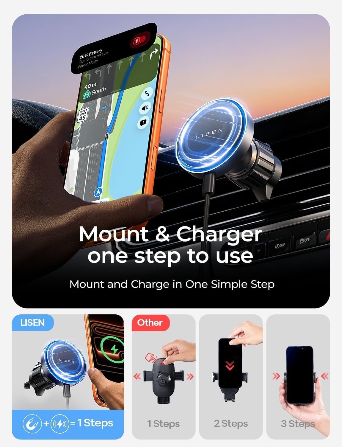 LISEN 15W MagSafe Car Mount Charger, Magnetic Phone Holders for Your Car