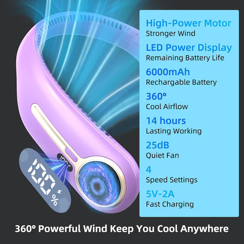 Portable Neck Fan, Personal Wearable Bladeless Fan, 6000mAh USB Rechargeable, 360° Airflow, LED Display, 4-Speeds, Hands Free Fan for Outdoor Indoor, Birthday Gifts for Men Women Dad Mom (Purple)