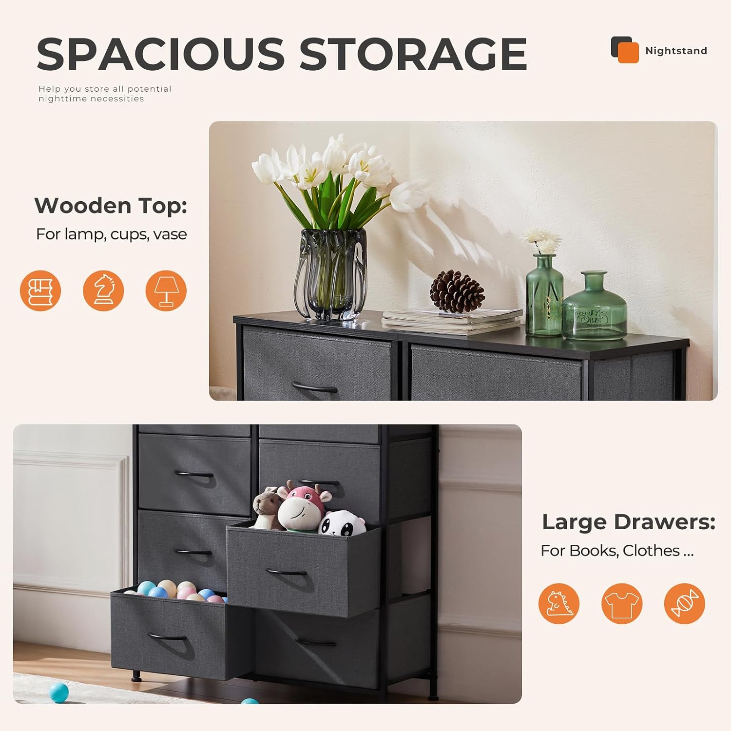 Sweetcrispy Dresser for Bedroom, Fabric Dresser with 8 Drawers, Ash