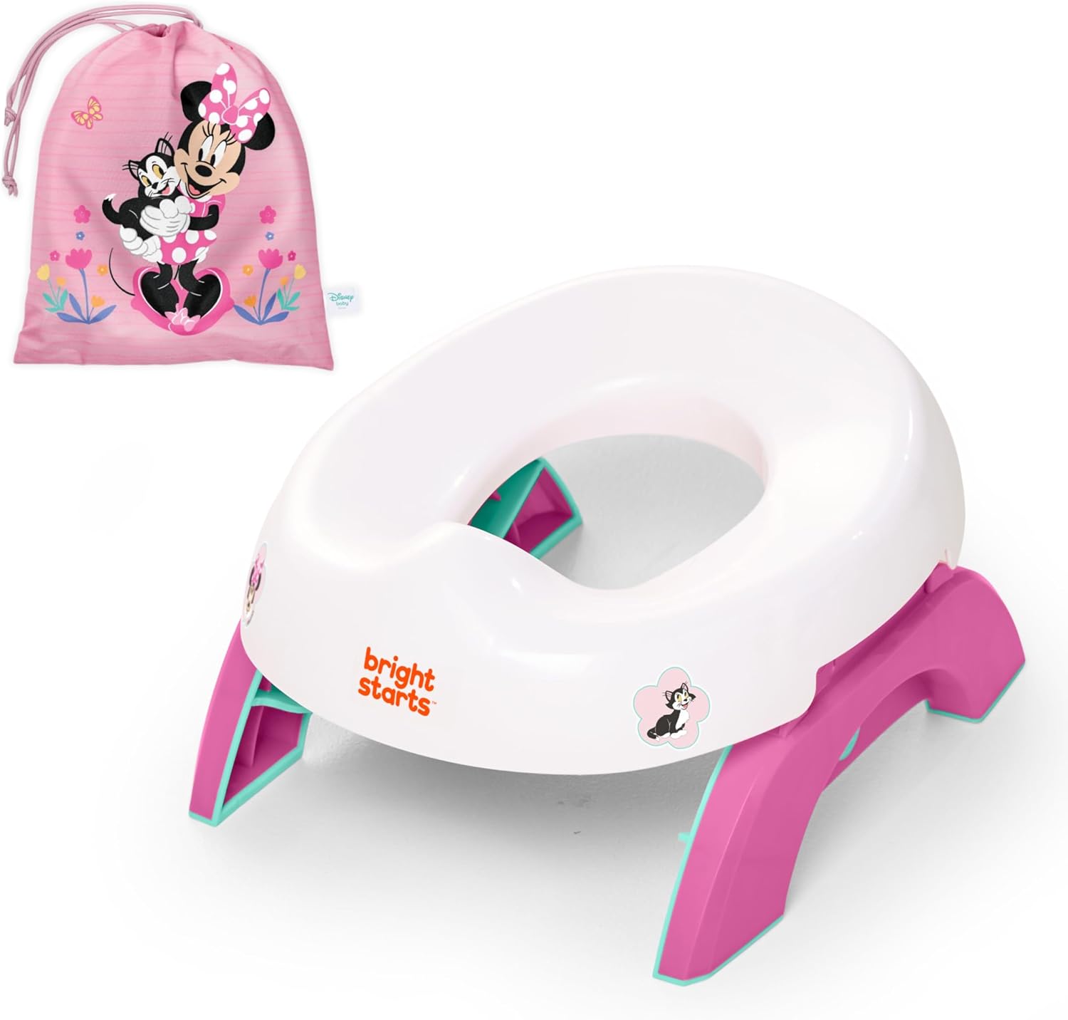 Disney Minnie Mouse My Travel Potty by Bright Starts, 2-in-1 Baby and Toddler Portable Potty Seat & Potty Ring, Lightweight Foldable, Includes Travel Bag & 3 Disposable Liners, Pink