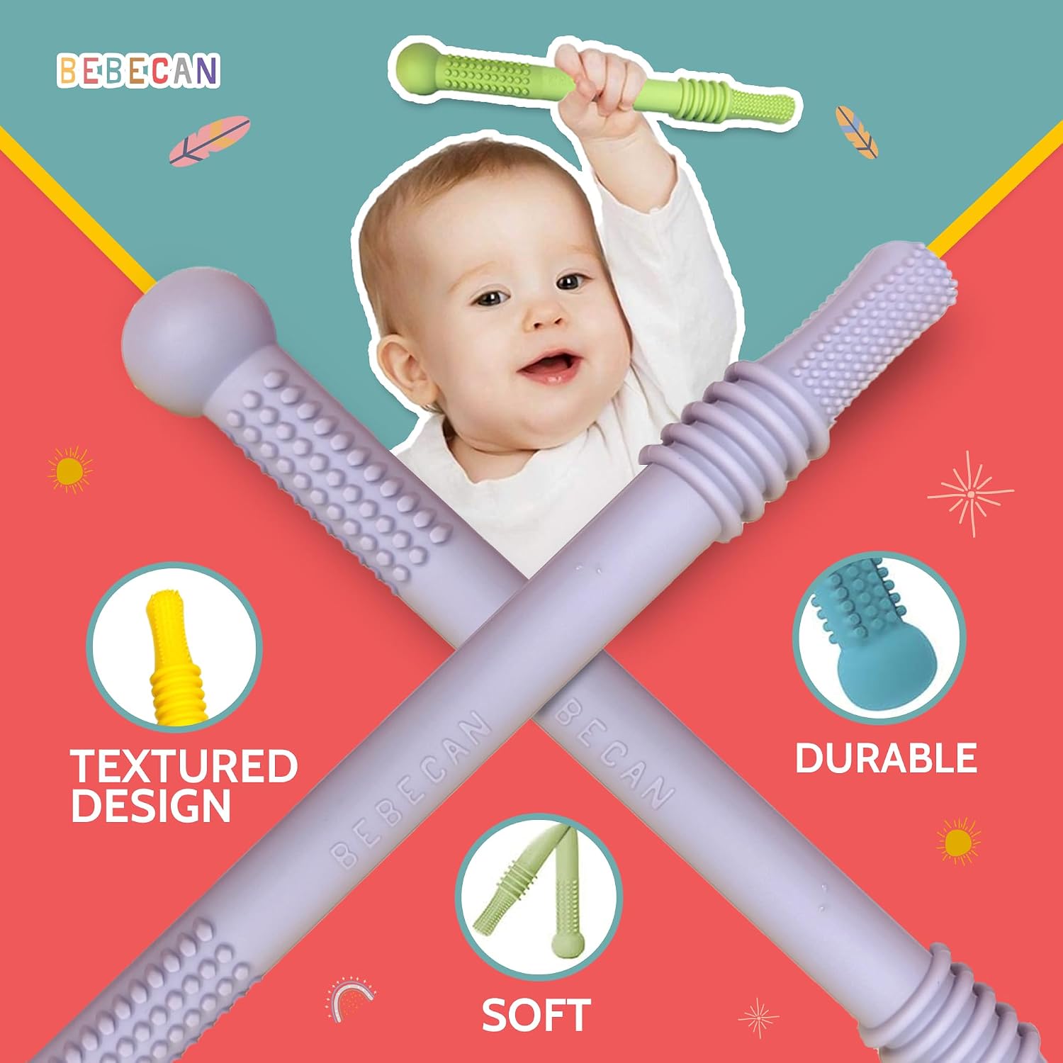 Bebecan Teething Sticks for Babies 36+ Months – Super Soft Silicone Teething Aids, Infant Oral Soothing Relief Back Molars, Multicolor 6-Pack
