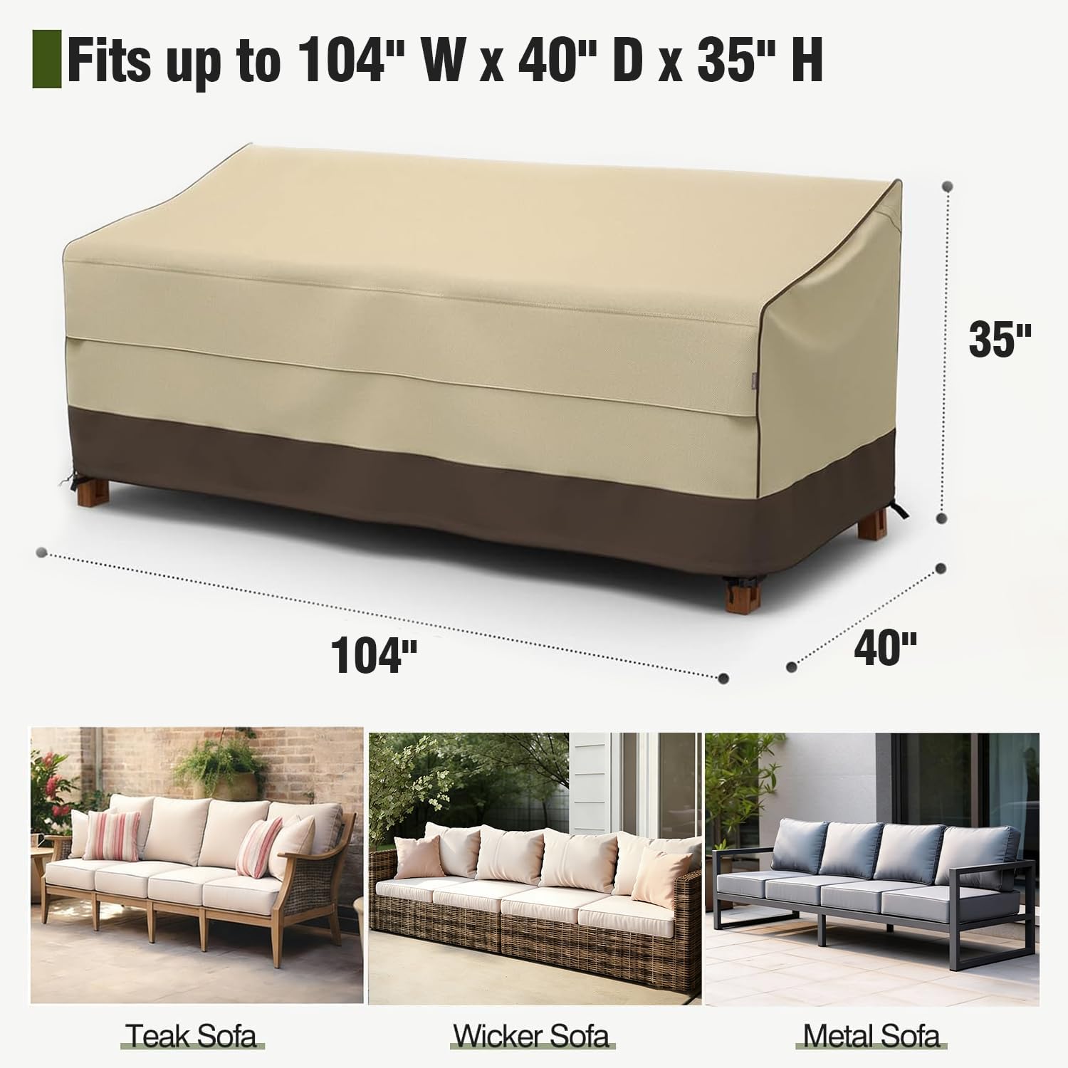 MR. COVER 4-Seater Outdoor Couch Cover Waterproof, 104 Inch Patio Furniture Covers Waterproof with All Weather Protection, Heavy Duty Outdoor Sofa Covers with Air Vent and Handles, Brown & Khaki