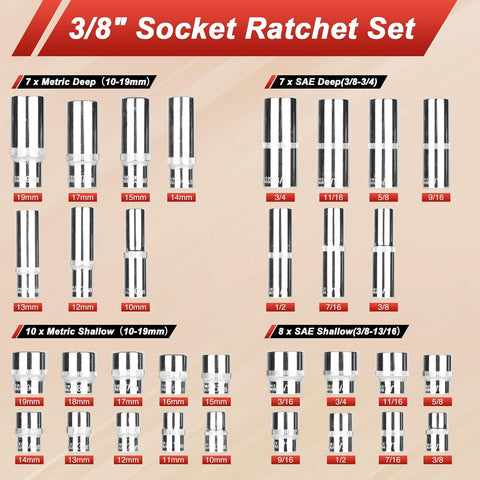 Egofine 117 Pieces 1/4 & 3/8 inch Drive Socket Ratchet Wrench Set, Metric/SAE Size, with Bit Socket Set and Extension Bar for Auto Repairing and Household, with Storage Case