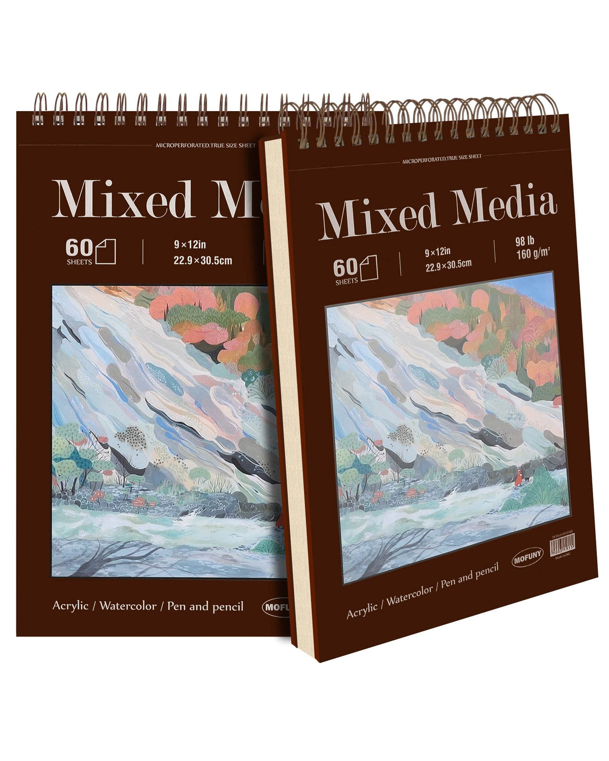 Mixed Media Sketchbook 9" x 12", 60 Sheets Each (98lb/160gsm), 2 Pack, Heavyweight Drawing Papers, Top Spiral Bound Hardcover Sketchbook, for Wet and Dry Media, Drawing, Painting