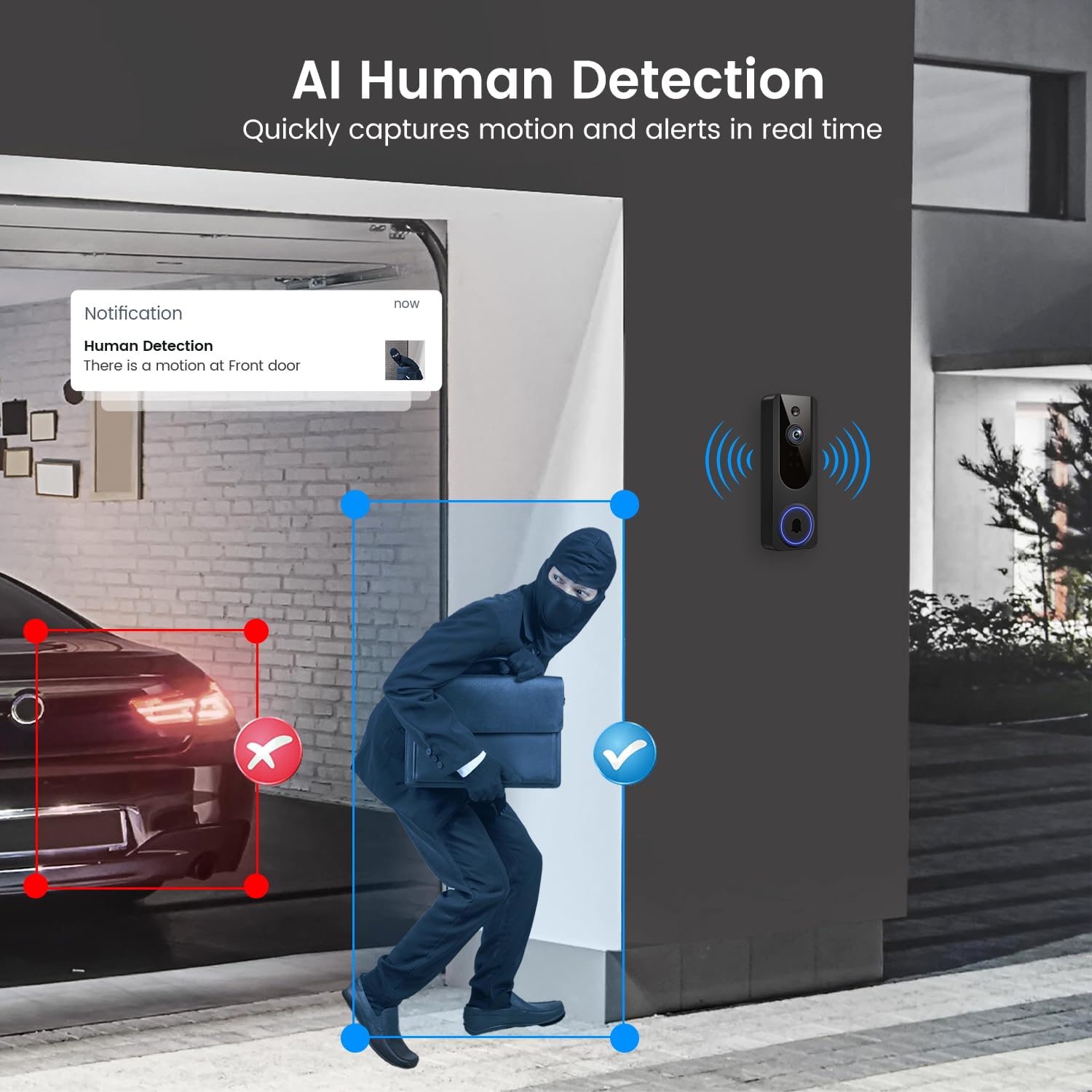 1080p WiFi Video Doorbell Camera Wireless, Battery Powered, AI Human and Motion Detection, 2 Way Talk, Night Vision, Cloud Storage, 2.4G WiFi Only, Indoor/Outdoor Surveillance