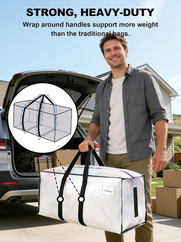 HOMESURE Supports 200lbs Heavy Duty Moving Bags - Strong Zipper & Wrap-Around Handles - Water-Resistant Storage Totes, Durable Alternative to Moving Boxes - 8 Pack - Semi-Transparent