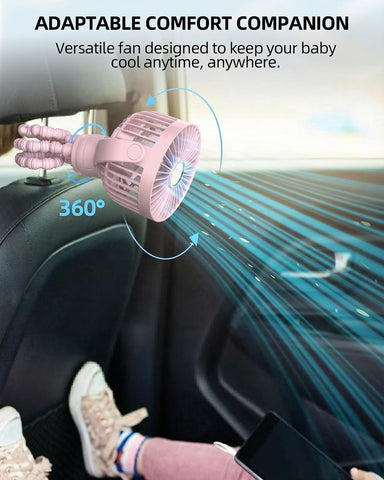 Portable Stroller Mini Fan, Small Rechargeable Personal Cooler w/ 360° Rotation, 3-Speed, Display, Battery Powered Stroller Accessories, Baby Essentials for Car Seat, Crib, Bike, Treadmill, Sakura