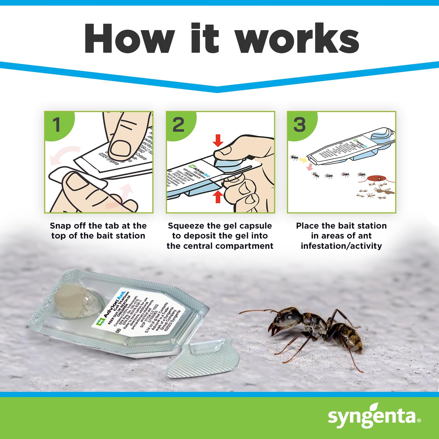 Syngenta Advion Ant Gel Station Insecticide, Ready-to-Use Gel Bait with The Active Ingredient Indoxacarb, Ant Bait for Use Indoor and Outdoor, 1 Box (3 Total Stations)