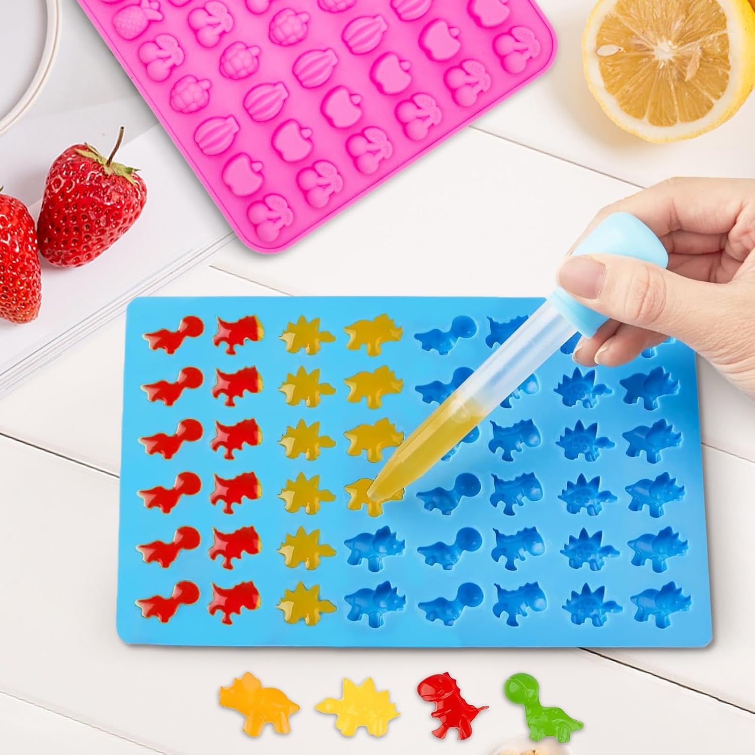 5Pcs Gummy Candy Molds - Silicone Gummy Dinosaur/Marine Animal/Donut/Small Hearts Shapes/Fruit Snack Mold with 2pcs Dropper,Non-stick and Bpa Free for Mini Candy Chocolate Gummies Baking