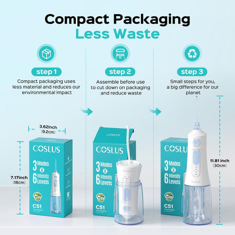 COSLUS ADA Accepted C51 Water Dental Flosser for Teeth, 3 Modes 6 Pressure