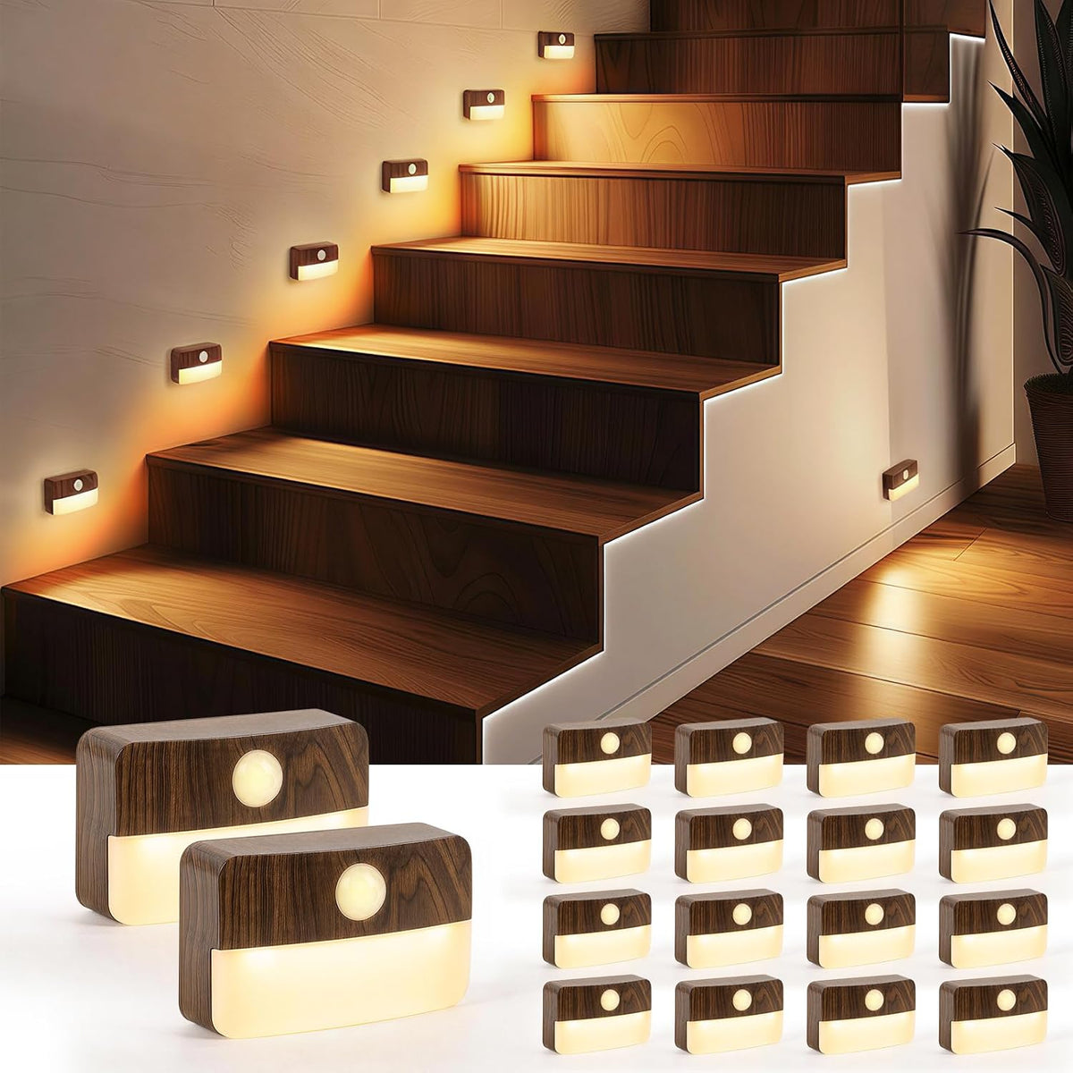 Guankai 16 Pack Motion Sensor Stair Light for Indoor, Battery Operated Closet Lights, Wireless Stick on Anywhere Hallway Lamp, Portable Led Night Lamps for Bedroom Under Cabinet Kitchen, Wood Grain
