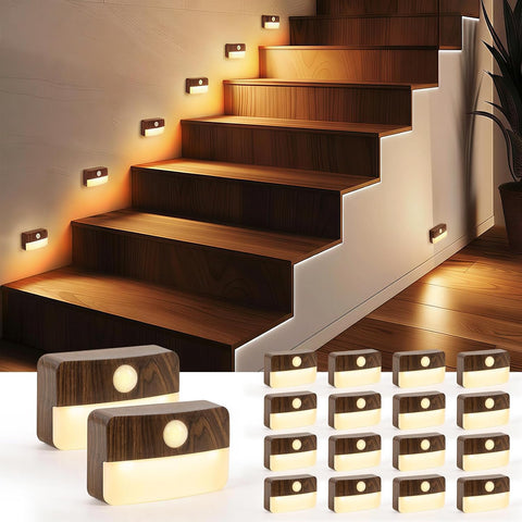 Guankai 16 Pack Motion Sensor Stair Light for Indoor, Battery Operated Closet Lights, Wireless Stick on Anywhere Hallway Lamp, Portable Led Night Lamps for Bedroom Under Cabinet Kitchen, Wood Grain