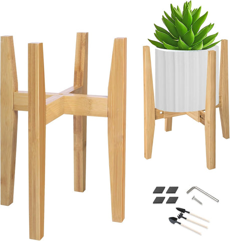 OERGKE Adjustable Plant Stand Indoor, Bamboo Mid Century Modern Plants Stands, Corner Flower Holder for Living Room, Fits 8 to 12 Inches Pots, (Pot & Plant Not Included)(Nature, 1 Pack)