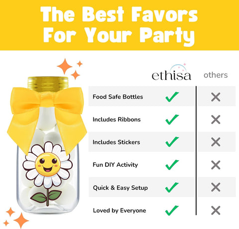 Ethisa Small 12 Pack Daisy Party Favors - DIY Candy Jars with Ribbons and Stickers - Party Decoration Bottles for Birthday, School Classroom and Baby Shower - Flower Table Centerpiece Gifts for Kids