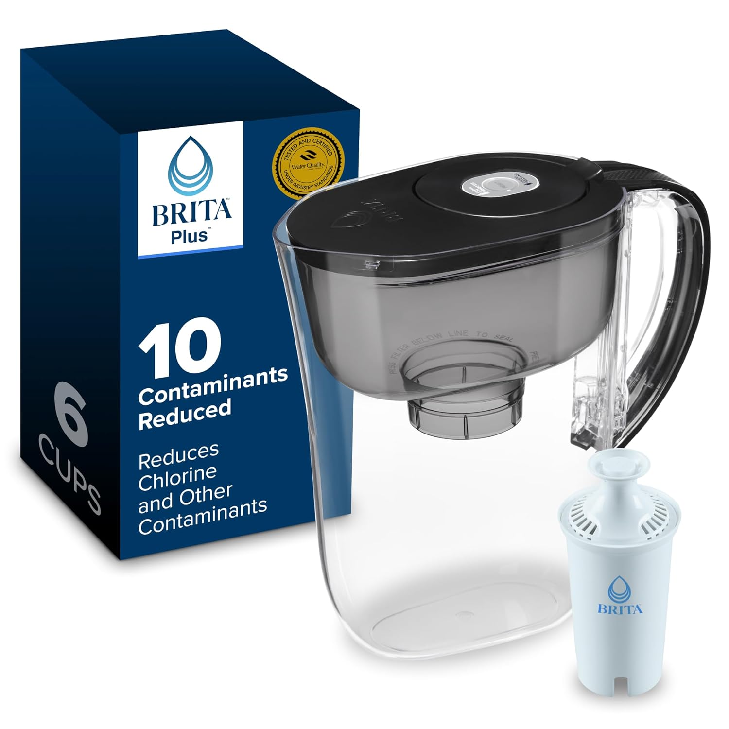 Brita Small 6 Cup Water Filter Pitcher, 1 BritaPlus Filter, Metro, Black