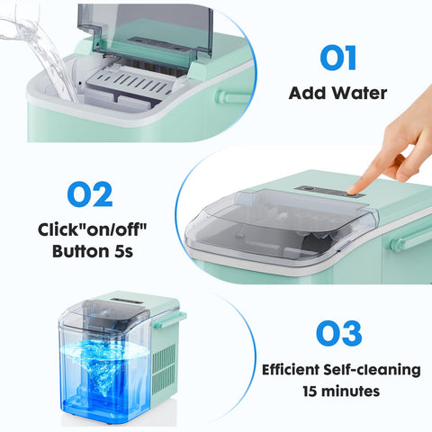 OLIXIS Portable Ice Machine Maker Countertop with Handle, Ice Cube Maker 9 Cubes in 6 Mins, 26.5lbs/24Hrs, 2 Sizes of Bullet Ice, Ice Scoop, Basket for Home Kitchen Office, Green